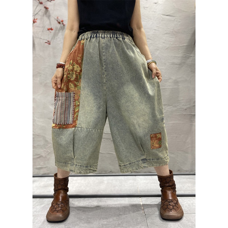 Classy Blue Print Patchwork Wide Leg Denim Pants Summer