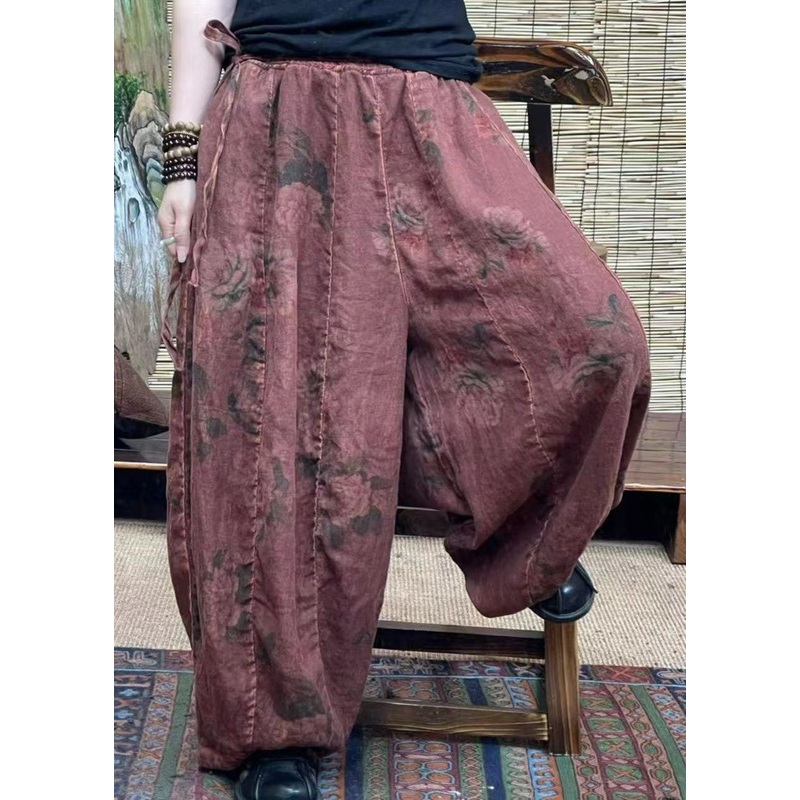 Diy Brick Red Pockets Print Patchwork Linen Lantern  Pants Summer