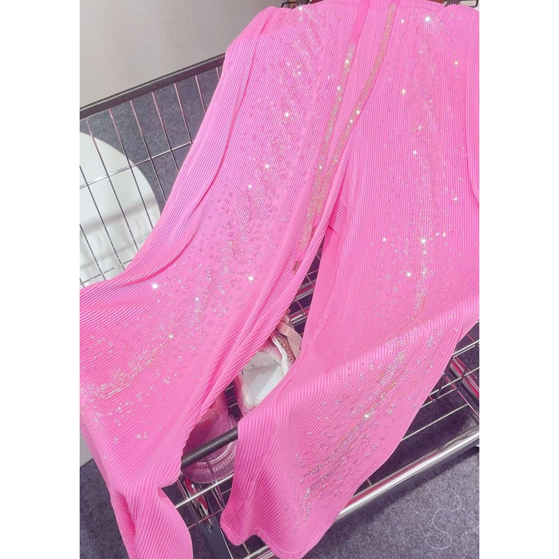 DIY Pink Pockets Zircon Patchwork Ice Silk Wide Leg Pants Summer