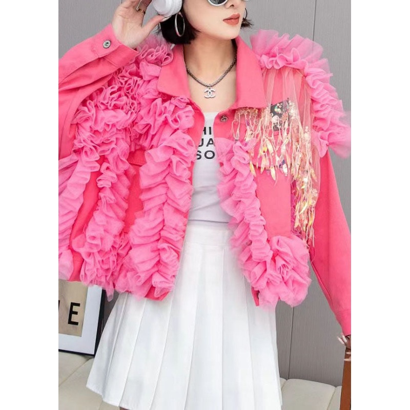 Fashion Pink Tulle Ruffled Tasseled Patchwork Denim Jackets Spring