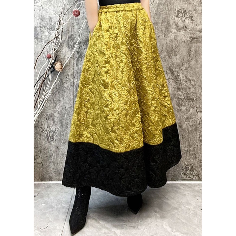 Fashion Yellow Pockets Jacquard Patchwork Silk Wide Leg Pants Spring