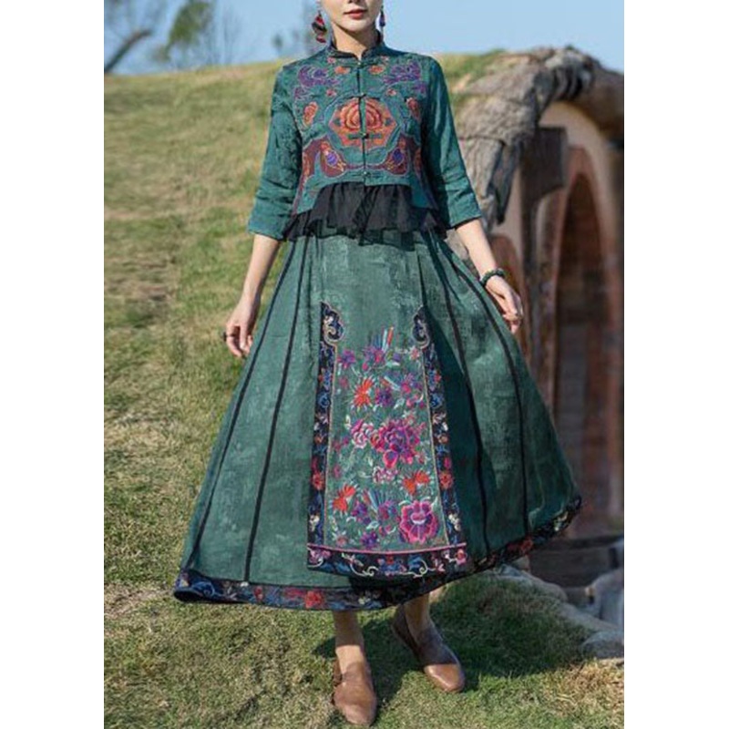 Fine Green Wrinkled Embroideried Pockets Patchwork Silk Skirt Summer
