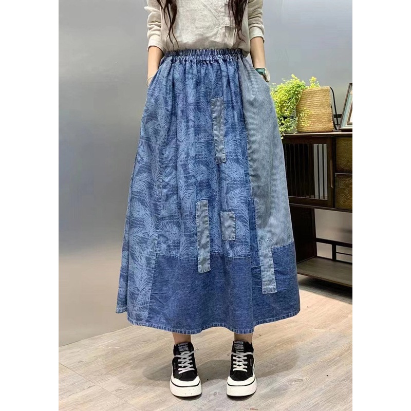Fitted Navy Print Patchwork Elastic Waist Maxi Skirt Summer