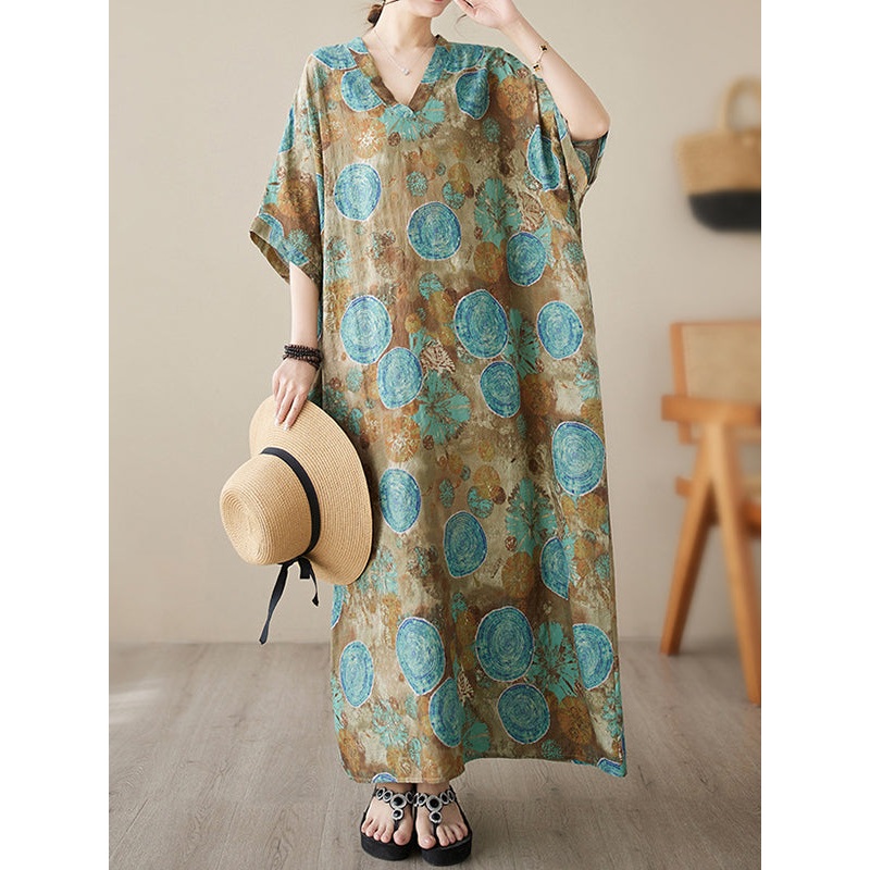 Floral Printed V-Neck Maxi Dress Short Sleeve