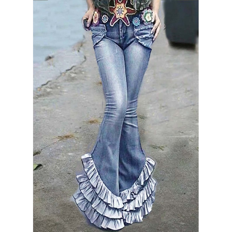 French Blue High Waist Patchwork Ruffles Denim Bell-bottom Trousers Summer