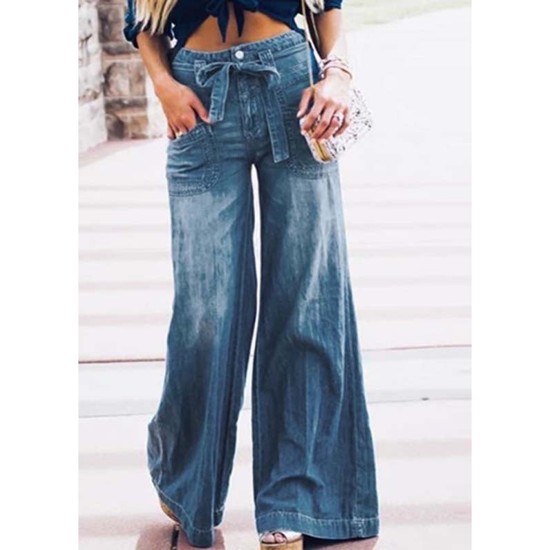 French Blue Oversized Tie Waist Denim Wide Leg Pants Summer
