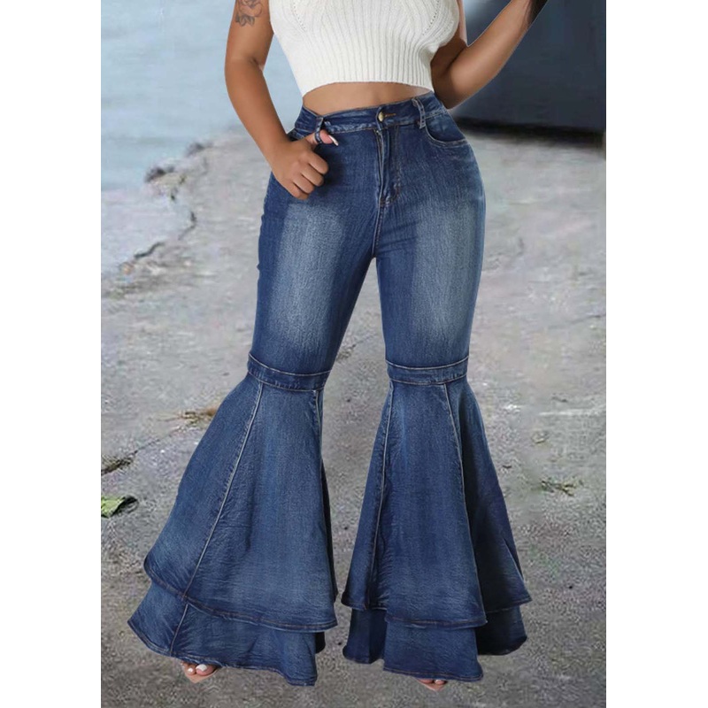 French Blue Ruffles Patchwork Denim Bell-bottom Trousers Summer