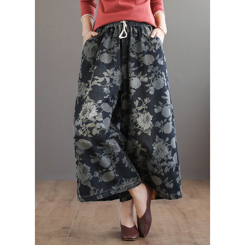Handmade Print Elastic Waist Tie Waist Cotton Wide Leg Pants Summer