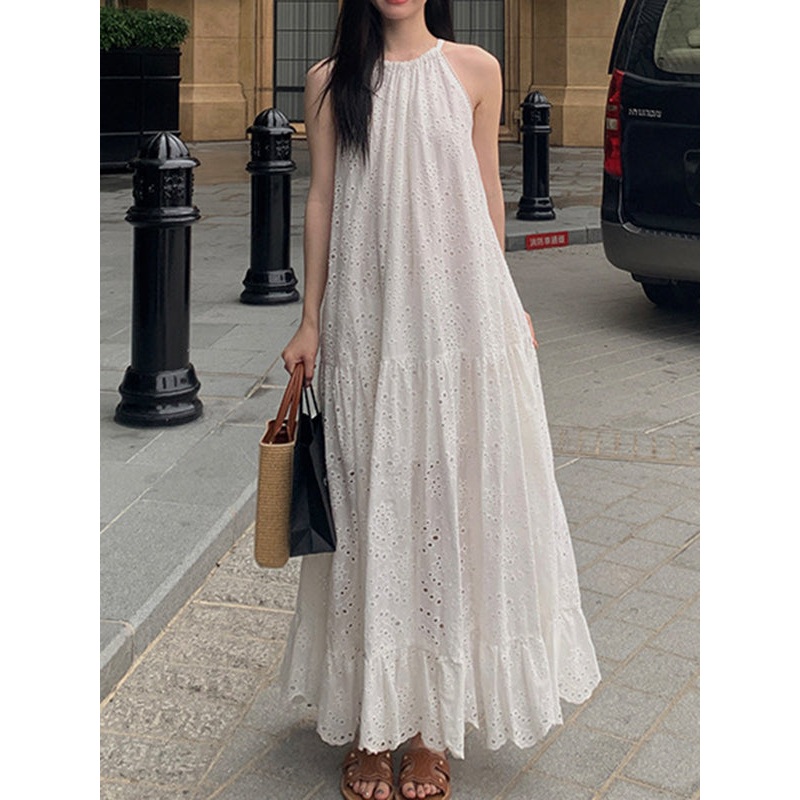 Hollow Pleated Round-neck Maxi Dress Sleeveless