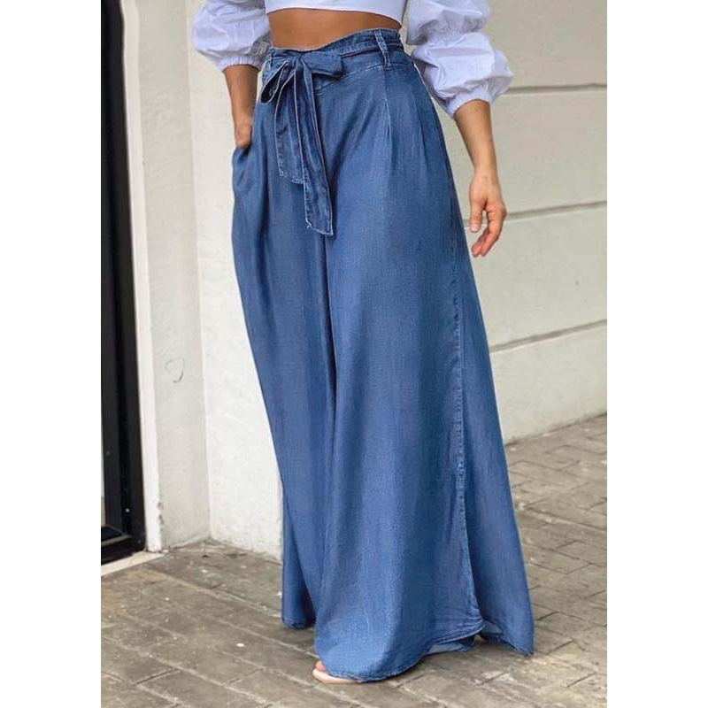 Italian Blue Tie Waist Oversized Denim Wide Leg Pants Trousers Summer