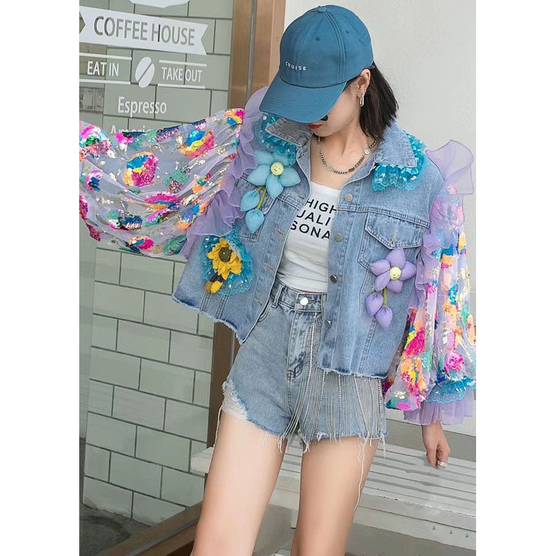 Italian Blue Tulle Ruffled Sequins Floral Decorated Patchwork Denim Coat Spring