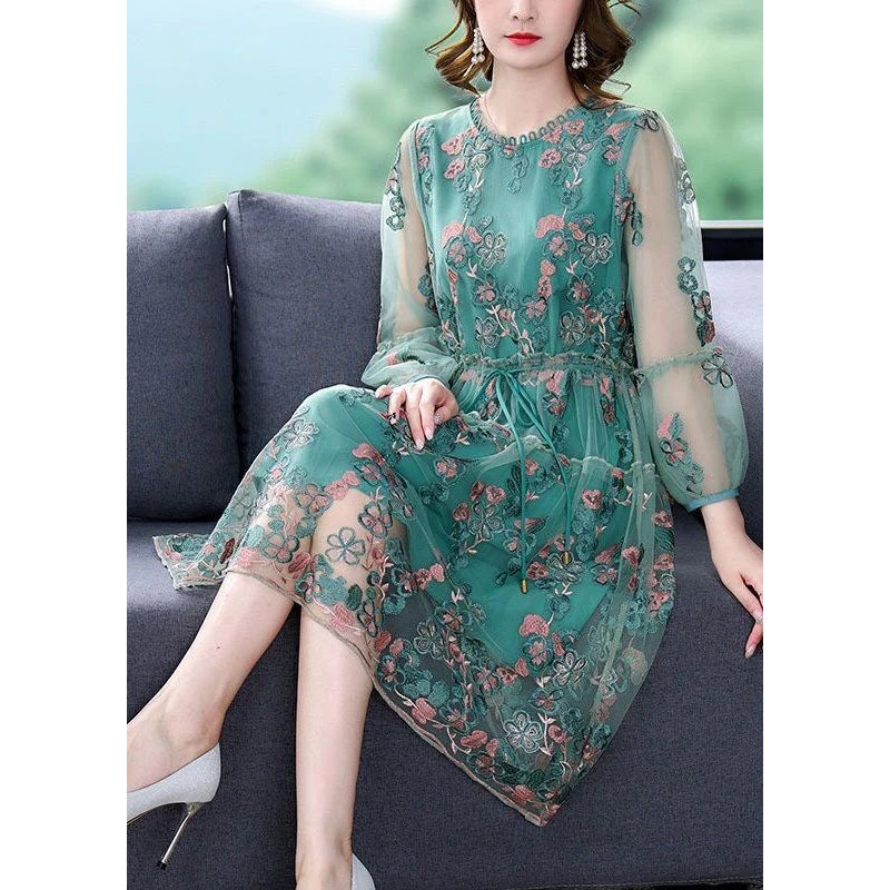 Italian Green Embroidered Tie Waist Tulle Mid Dress