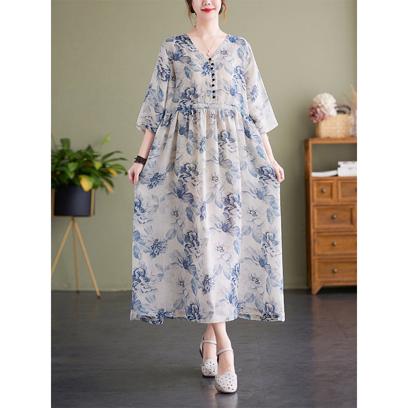 Loose Elasticity Floral Printed V-neck Midi Dress