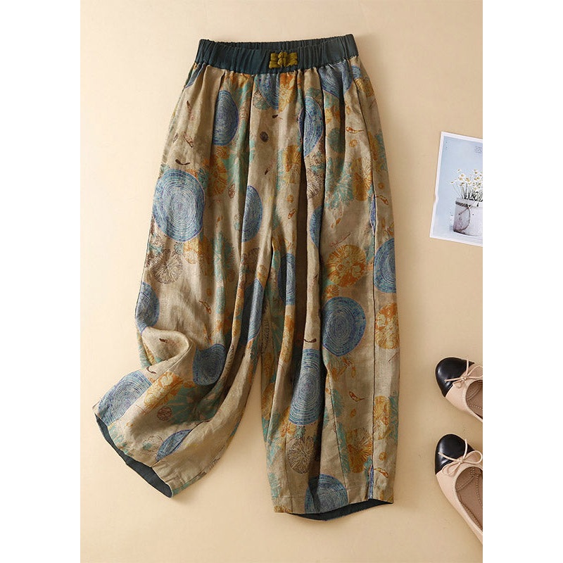 Loose Green Print Elastic Waist Harem Pants