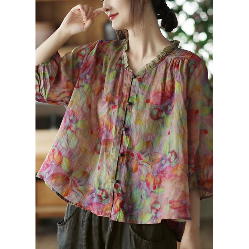 Loose Pink V Neck Ruffled Print Linen Blouse Top