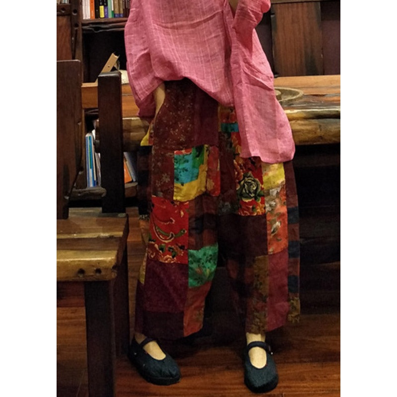 Loose Print Elastic Waist Linen Wide Leg Pants Summer