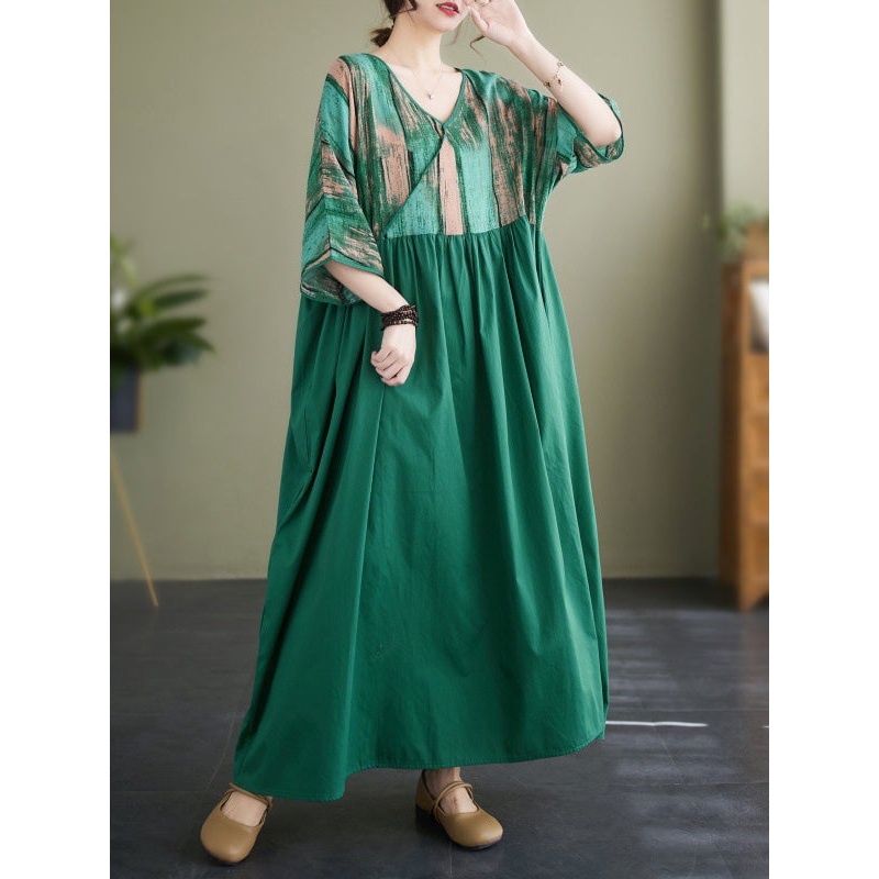 Loose Split-Joint V Neck Midi Dress Raglan Sleeve
