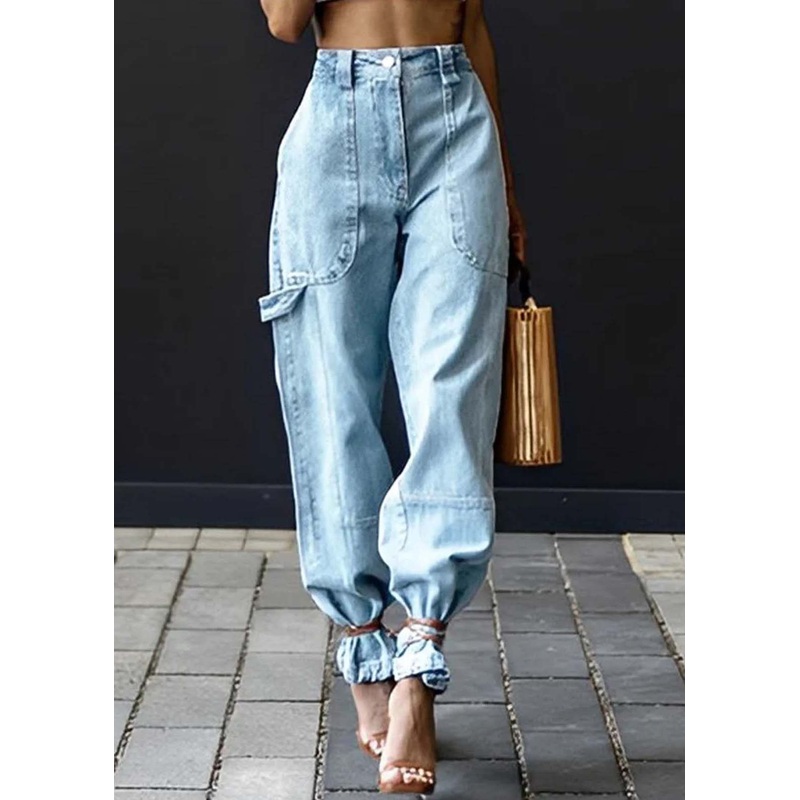 Modern Light Blue Elastic Waist Oversized Denim Pants Summer