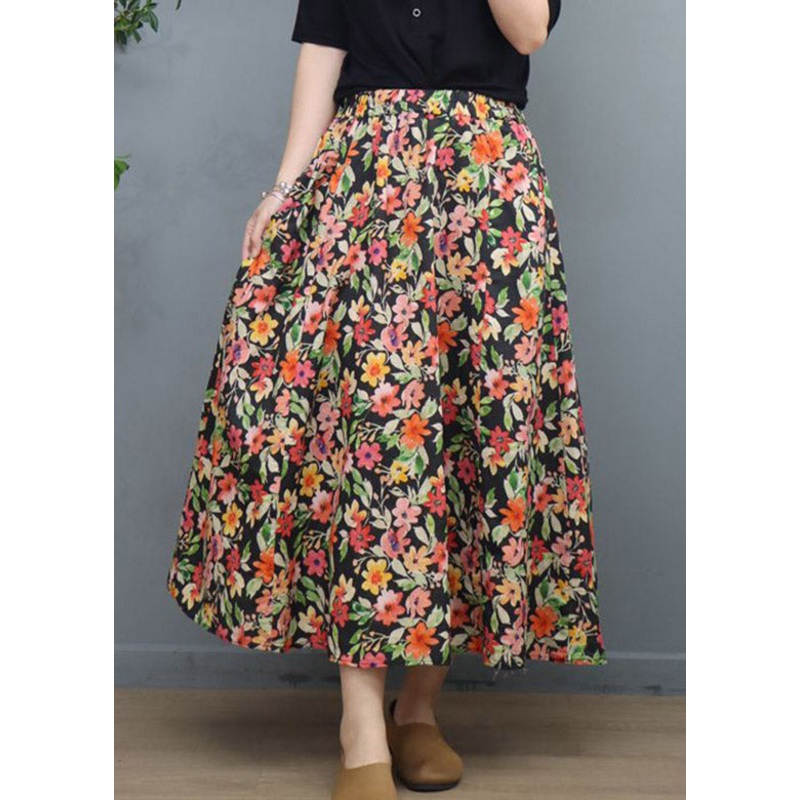 Natural Black Print Elastic Waist Linen A Line Skirt
