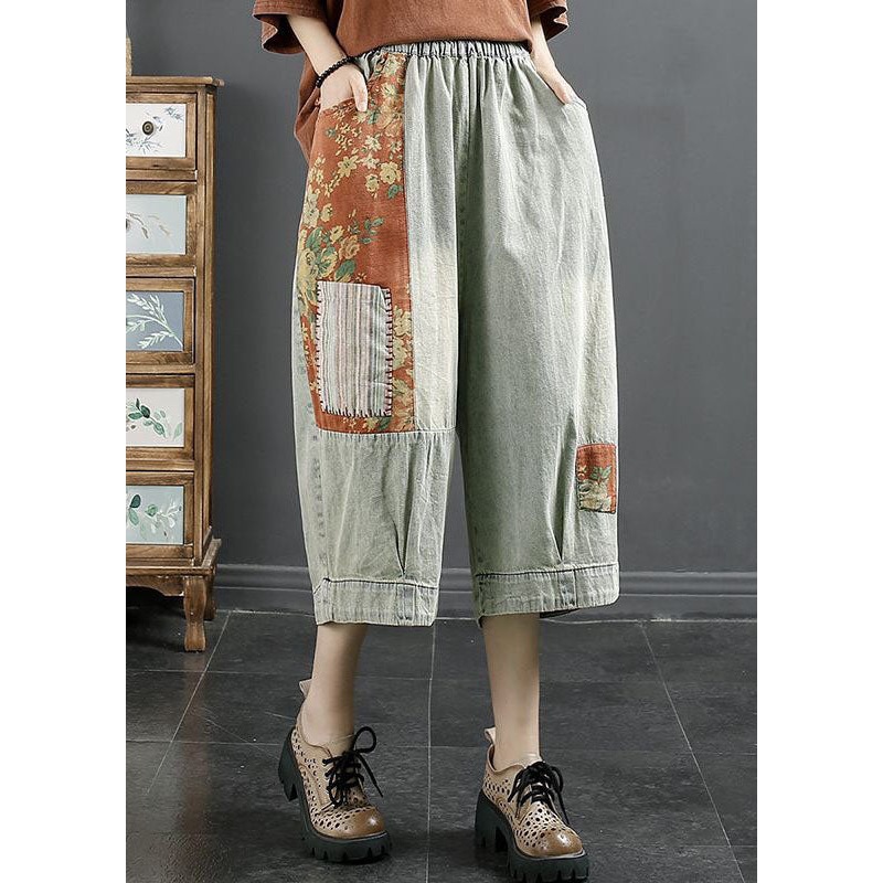 Natural Light Grey Pockets Patchwork Denim Crop Pants Summer