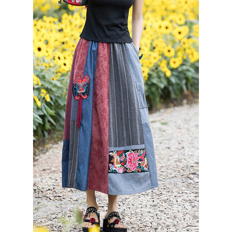 Novelty Navy Blue Print Patchwork Embroideried Floral Tassel High Waist Maxi Skirts