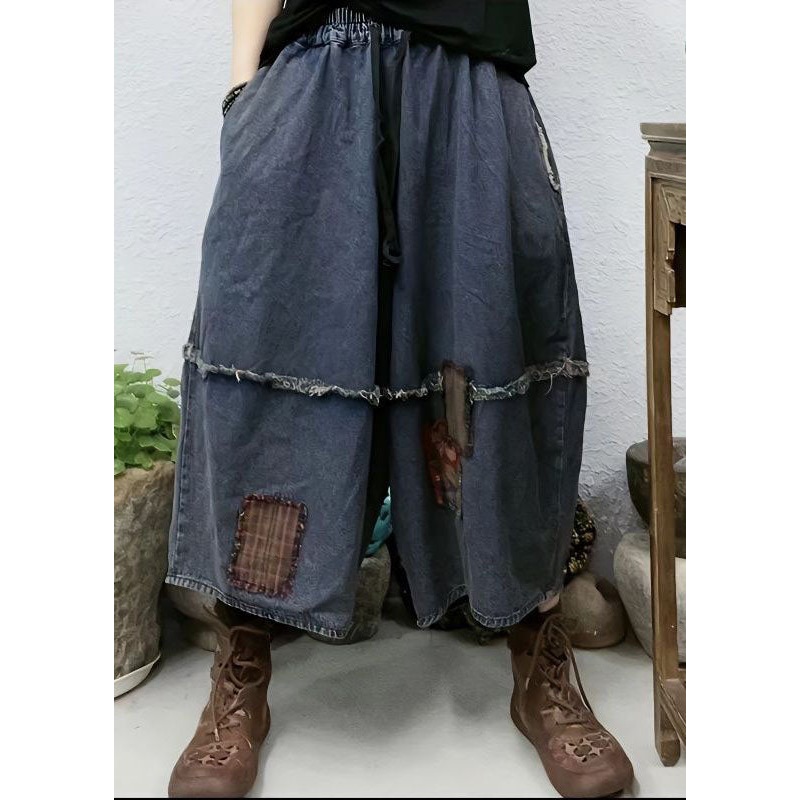 Organic Blue Pockets Patchwork Linen Wide Leg Pants Spring