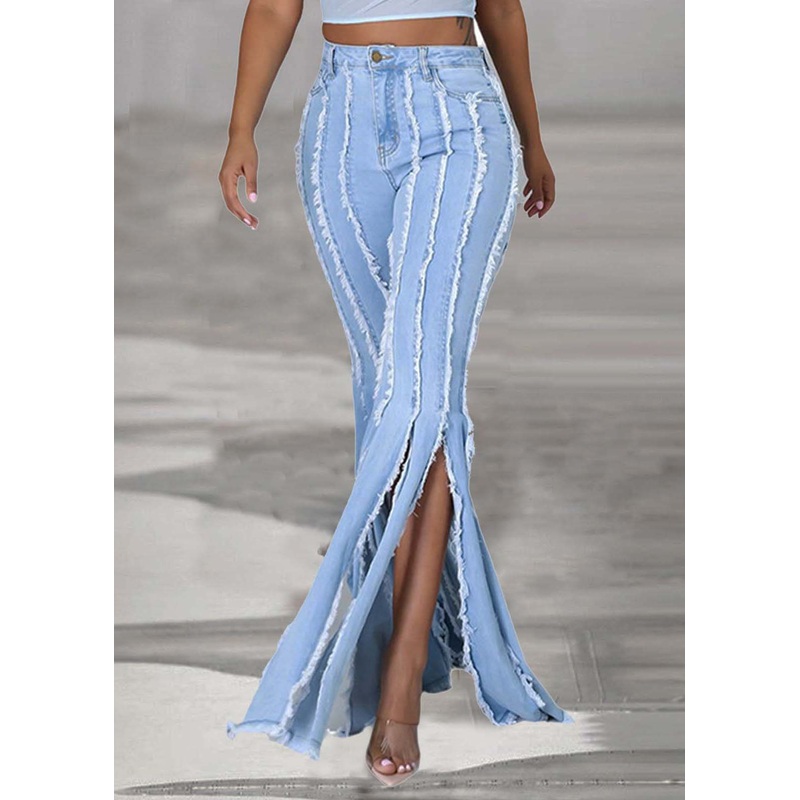 Original Design Blue Patchwork Side Open Denim Pants Summer