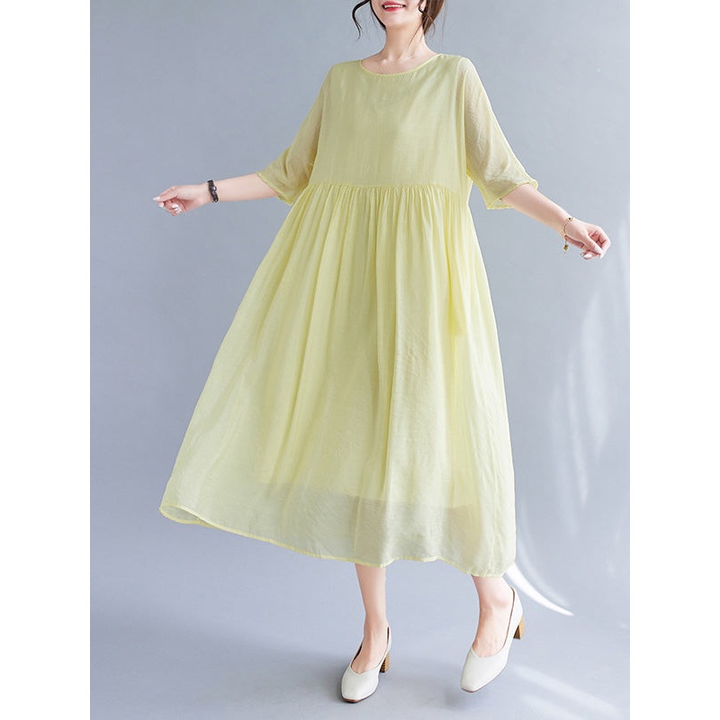 Pleated See-Through Solid Color Split-Joint  Midi Dress