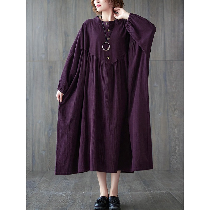 Pleated Solid Color Loose Stand Collar Midi Dress