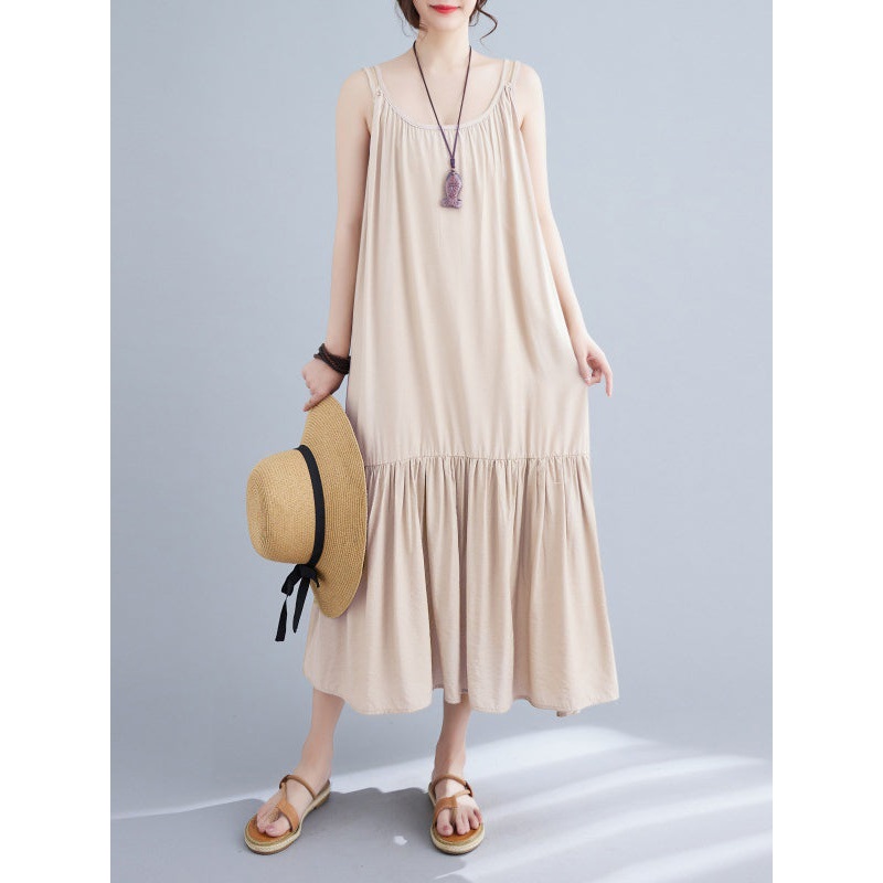 Pleated Solid Color Spaghetti-Neck Midi Dress
