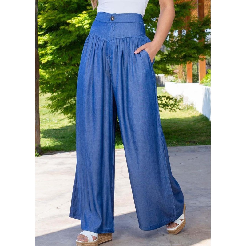 Plus Size Blue High Waist Patchwork Wrinkled Denim Wide Leg Pants Summer