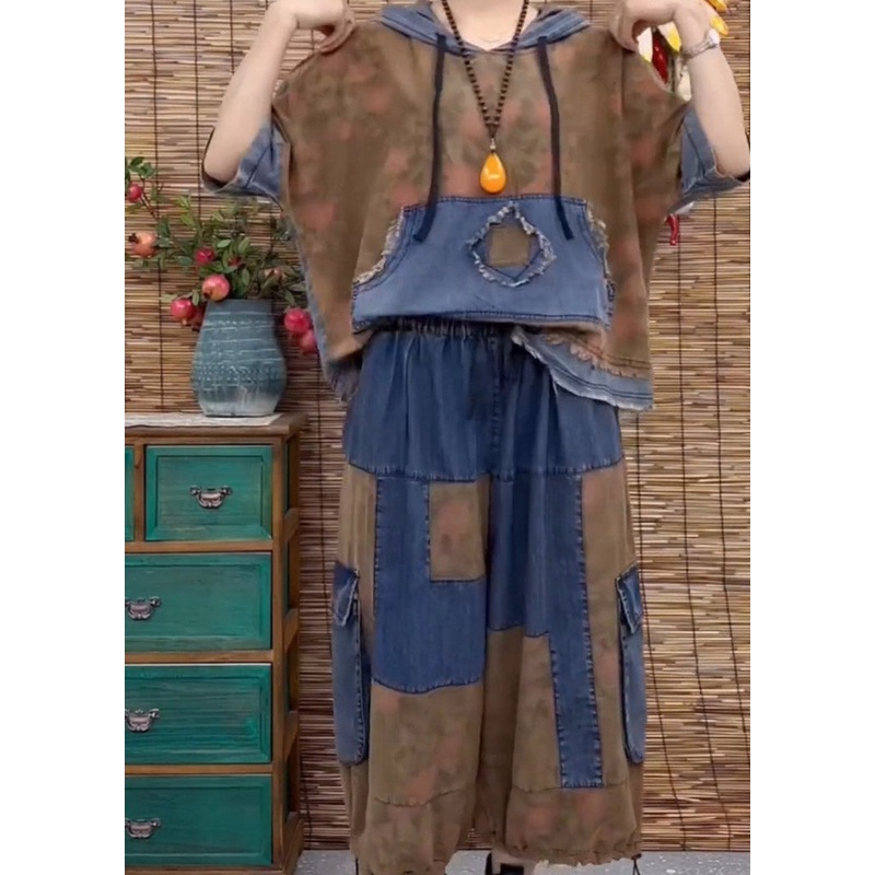 Plus Size Blue Patchwork Hooded Top And Wide Leg Pants Two Pieces Set Summer
