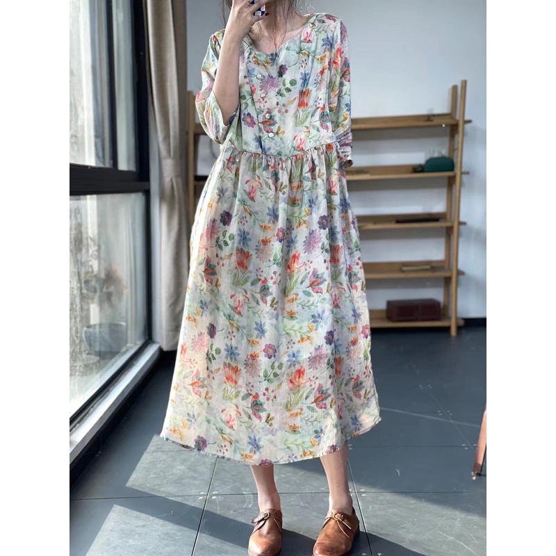 Plus Size Floral Pleated Summer Casual Loose Dress