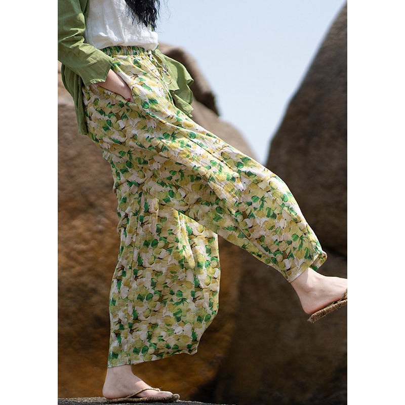Plus Size Green Print Tie Waist Linen Wide Leg Pants Summer