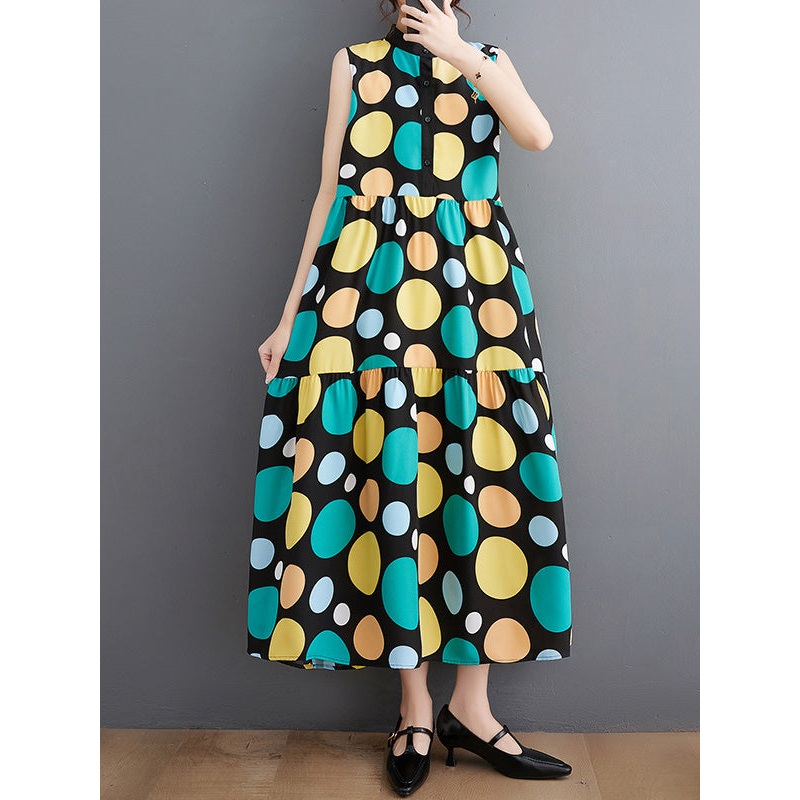Polka Dot Casual Stand Collar Midi Dress