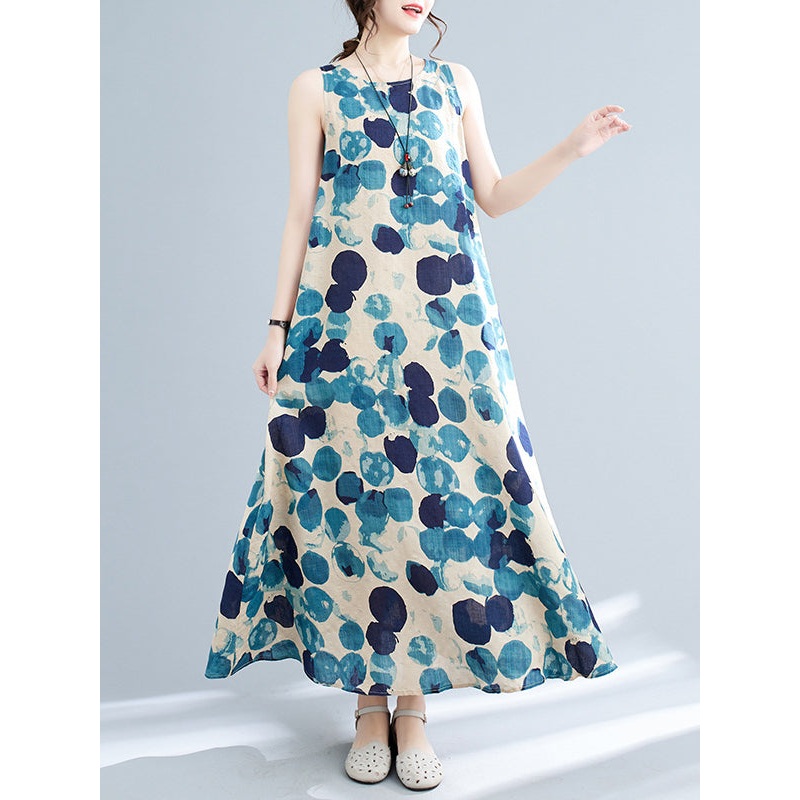 Polka-Dot Loose Round-Neck Maxi Dress