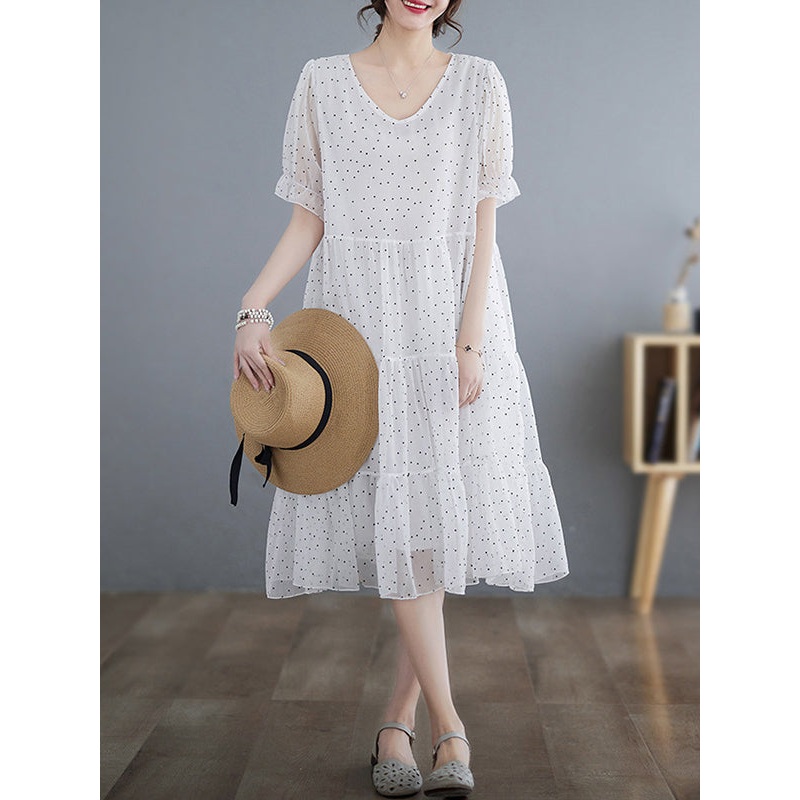 Polka Dot Split-Joint Loose V-Neck Midi Dress