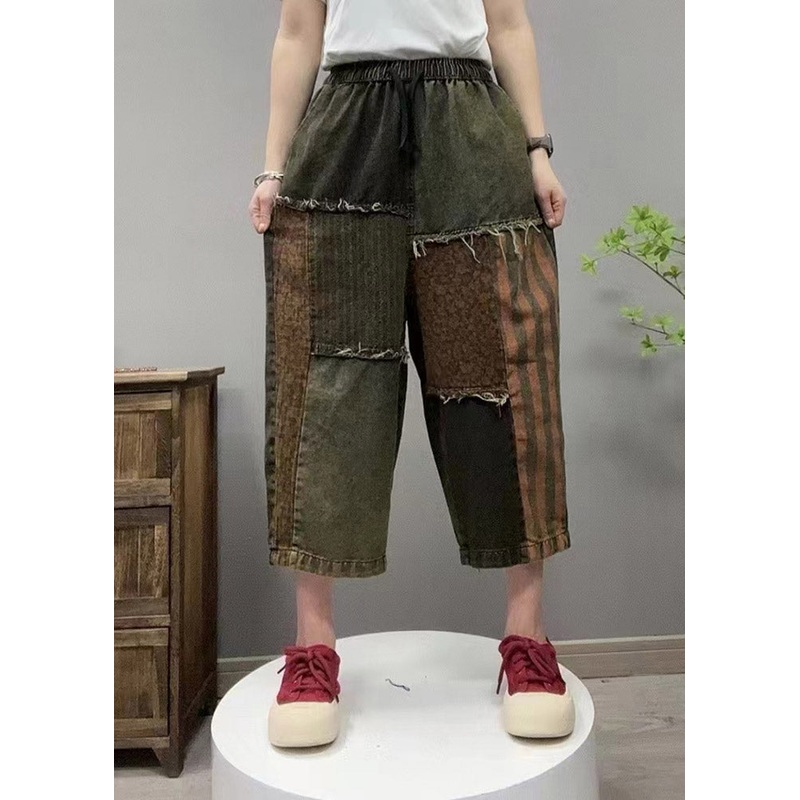 Retro Black Elastic Waist Patchwork Cozy Denim Straight Pants Summer