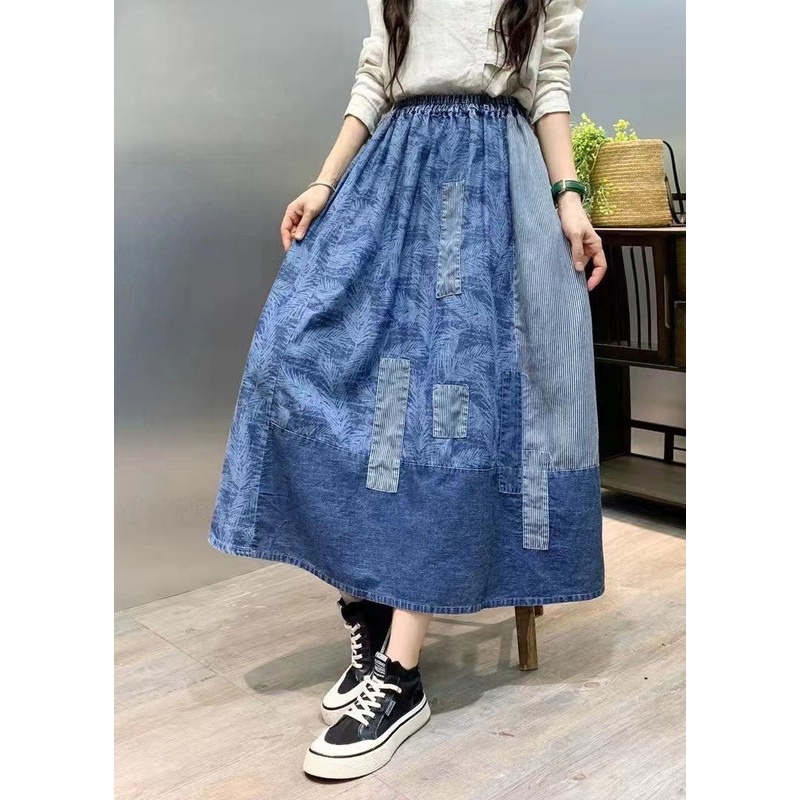 Retro Blue Wrinkled Pockets Print Patchwork Denim Skirts Summer
