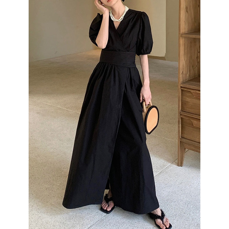 Ribbed Solid Color Maxi Dress Bishop Sleeve