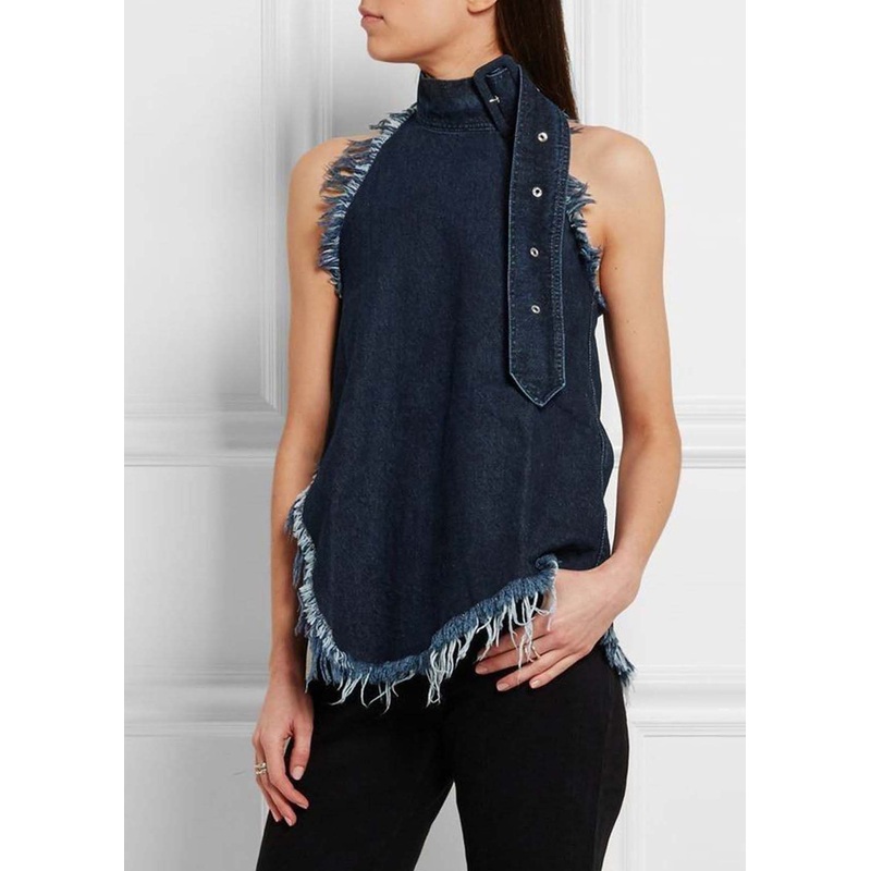 Sexy Navy Stand Collar Tassel Denim Vests Sleeveless
