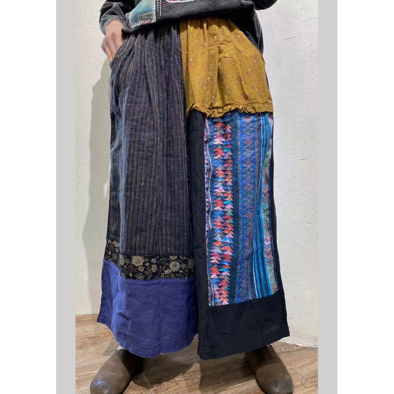 Simple Patchwork Print Elastic Waist Linen Crop Pants