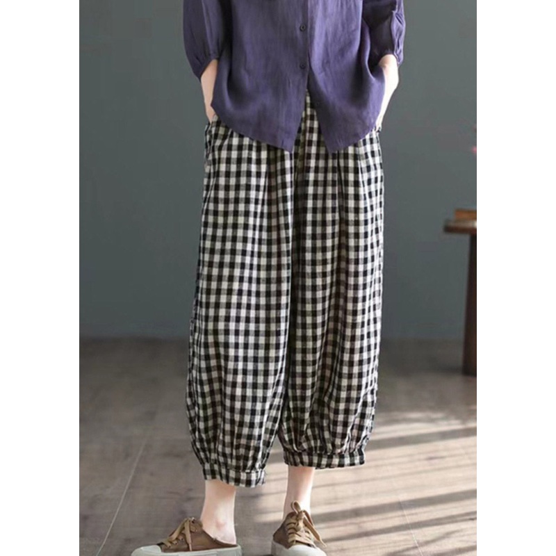 Style Black White Plaid Elastic Waist Crop Plaid Pants