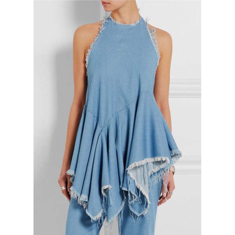 Style Blue Asymmetrical Design Exra Large Hem Denim Vests Sleeveless