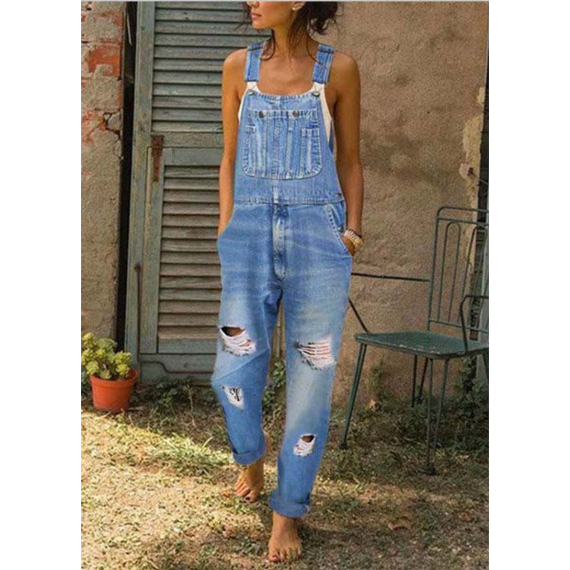 Style Blue Oversized Pockets Denim Ripped Jumpsuit Summer