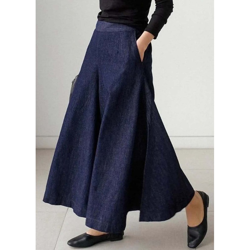 Style Navy High Waist Pockets Denim Pants Skirt Summer