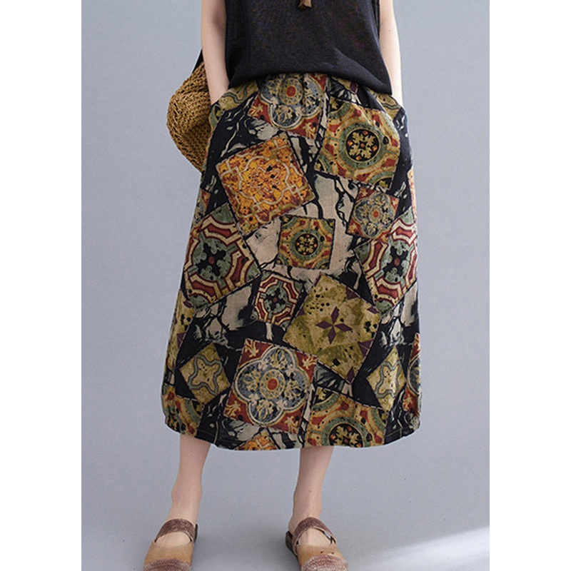 Stylish Black Apricot Print Cotton Long Skirts Summer