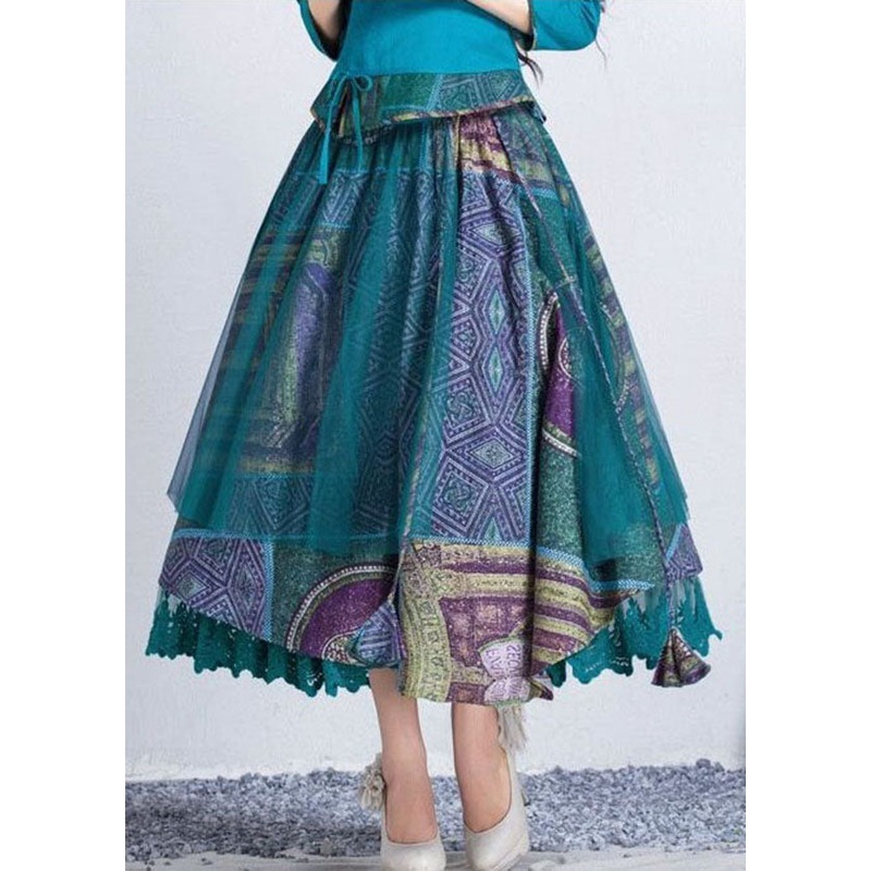 Stylish Blue Print Wrinkled Lace Patchwork Chiffon Skirt Summer