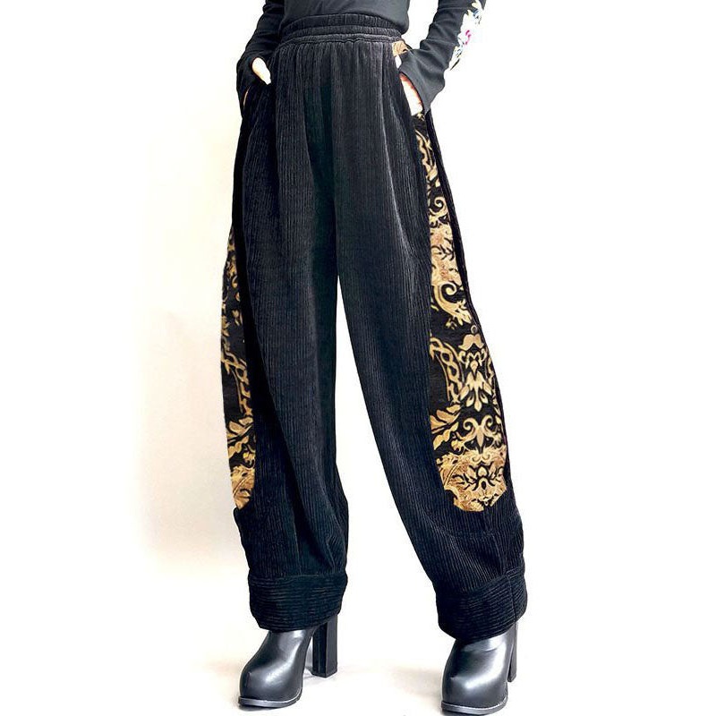 Stylish Yellow Jacquard Pockets Patchwork Corduroy Pants Spring