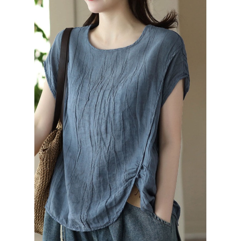 Summer Blue O Neck Wrinkled Patchwork Linen T Shirt